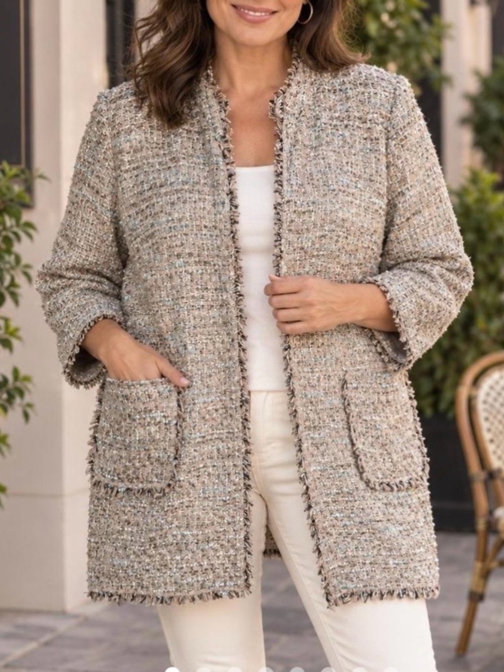 Chico's Tweed Bouclé Fringed Open-Front Jacket Beige Metallic US 12P /Chico’s 2P
